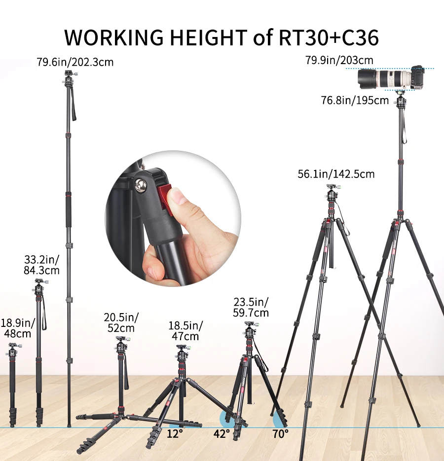 RT30 Tripod  Fast Flip Buckle Height 197cm/77.6in Monopod Aluminium Alloy Profes