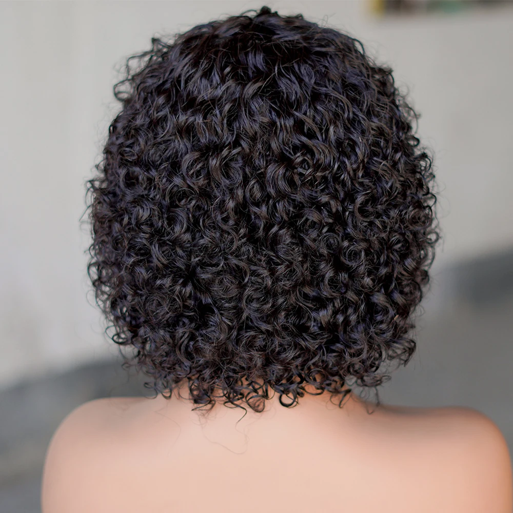 Perruque Brésilienne Naturelle Crépue Bouclée avec Frange, Cheveux Courts Sans Colle, Densité 180%, Faite à la Machine