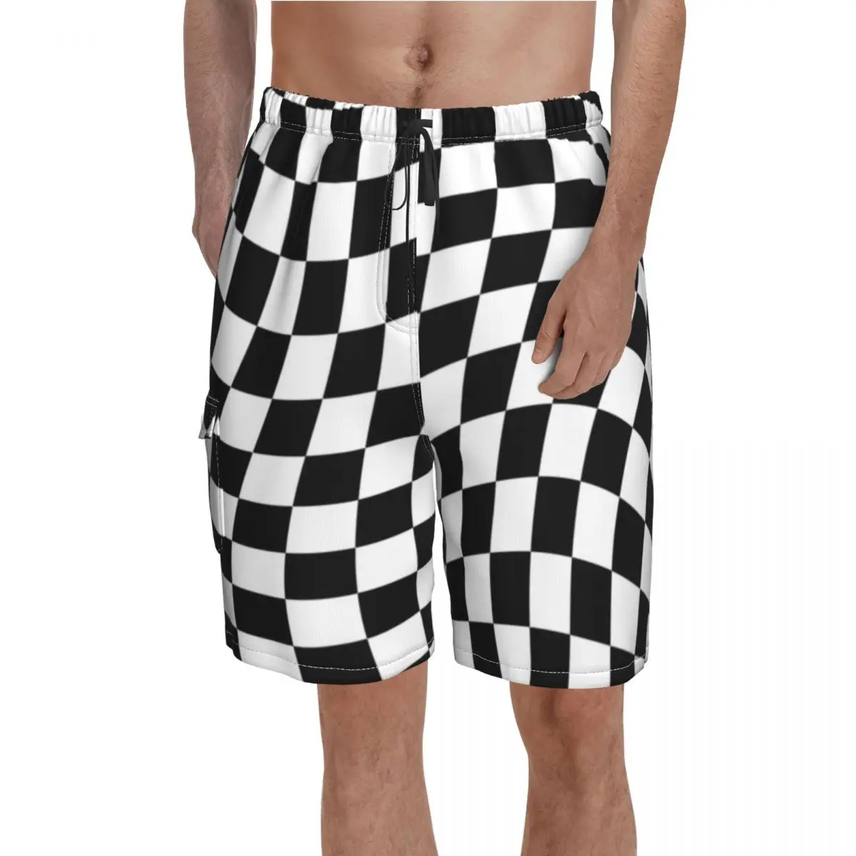 

Abstract Checkerboard Board Shorts Black and White Checker Men Classic Board Short Pants Hot Sale Printing Plus Size Swim Trunks