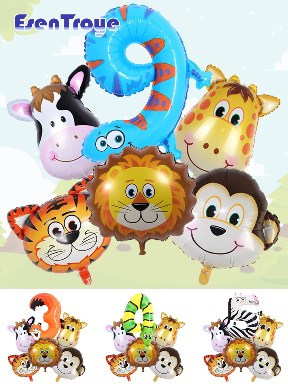 Cartoon Tiere 0-9 Nummer Folie Luftballons Set Dschungel Safari Geburtstags feier Dekoration Löwe Affe Zebra Ballon Kinder Geburtstags geschenk – Detail 1