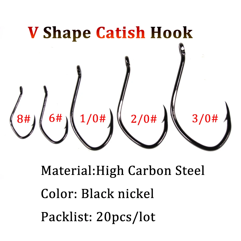 Elllv 20pcs High Carbon Steel V Shape Catfish Hook Offset Barbed Sea Bass  Fishing Hook 8 6 1/0 2/0 3/0 4/0 6/0 8/0 - AliExpress