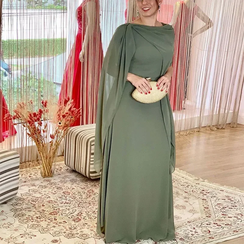 Olive Green Mother of Bride Dresses Women Cape A-Line Floor-Length Formal Evening Gown