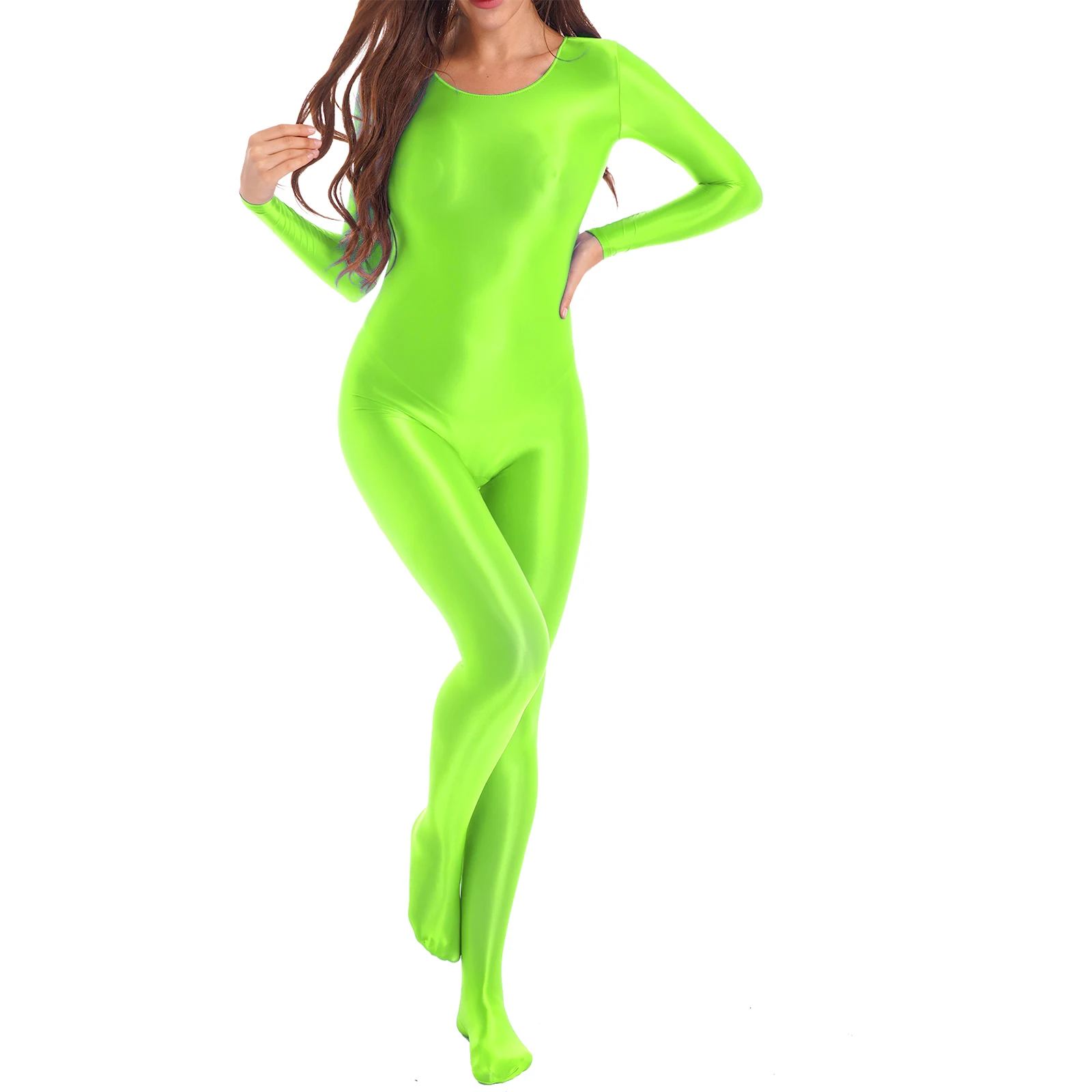 

Womens Glossy Smooth Bodystocking Nightwear One Piece Long Sleeve Solid Color Bodysuit Gymnastic Sports Pole Dancewear Clubwear