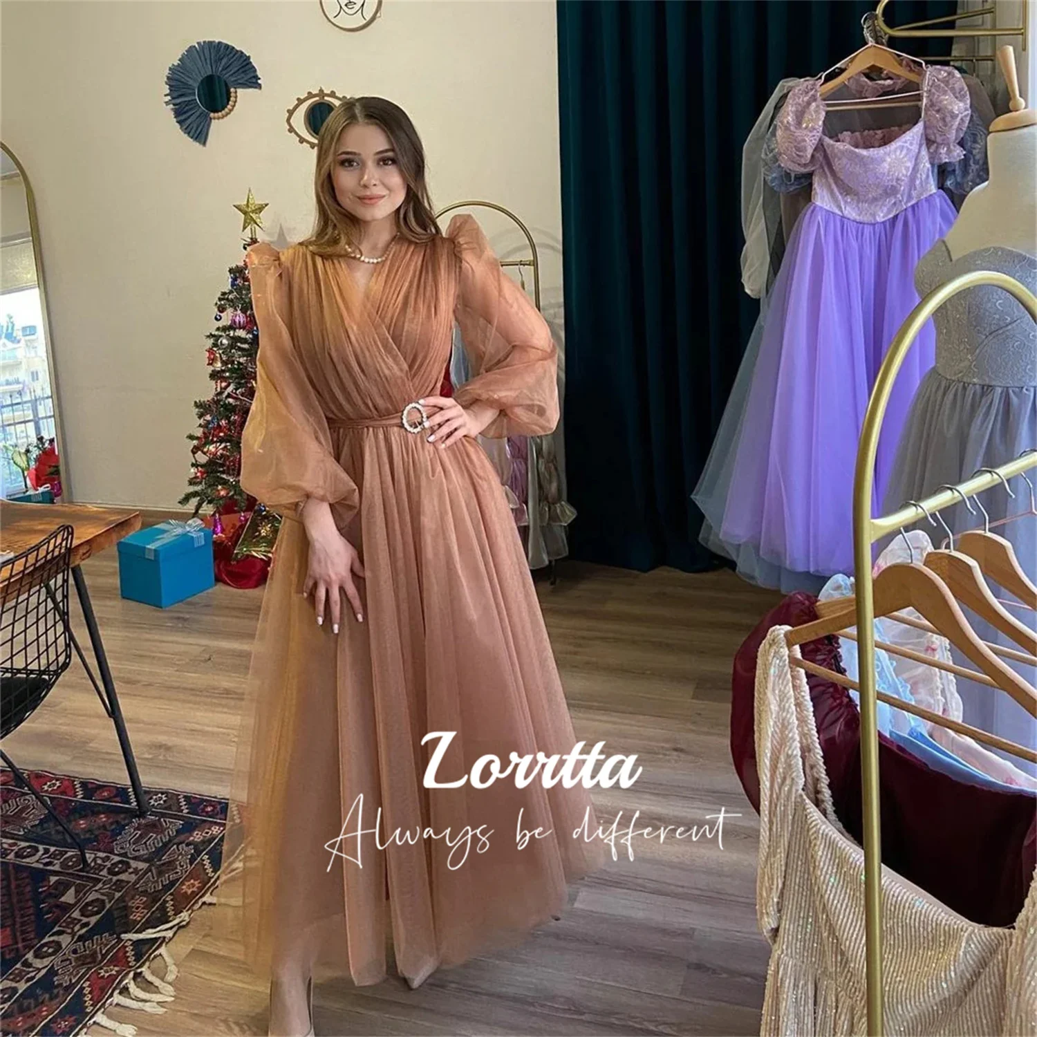 

Lorrtta Modern A Line Prom Dresses Long Puff Sleeves Tulle V Neck Evening Party Dress Tea- Length vestido de festa formatura