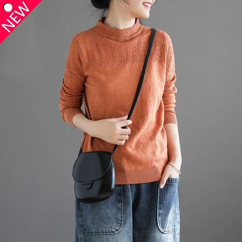 2023 Autumn and Winter New Temperament Women's Clothing Fashion Hollow Out Half High Neck Long Sleeve Solid Commuter Pullover