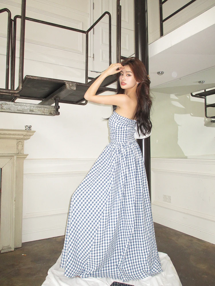 Casual Strapless Midi Dresses for Women Striped Sleeveless A-line Korean Chic Summer New Party Dress Vestidos Mujer