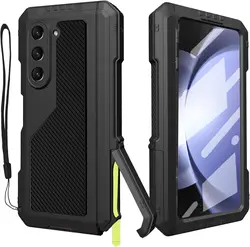 Heavy Duty Shockproof Case with S Pen Holder and Screen Protector Stand - Full - Body Metal Cover - Galaxy Z Fold4 (Black (No pen)