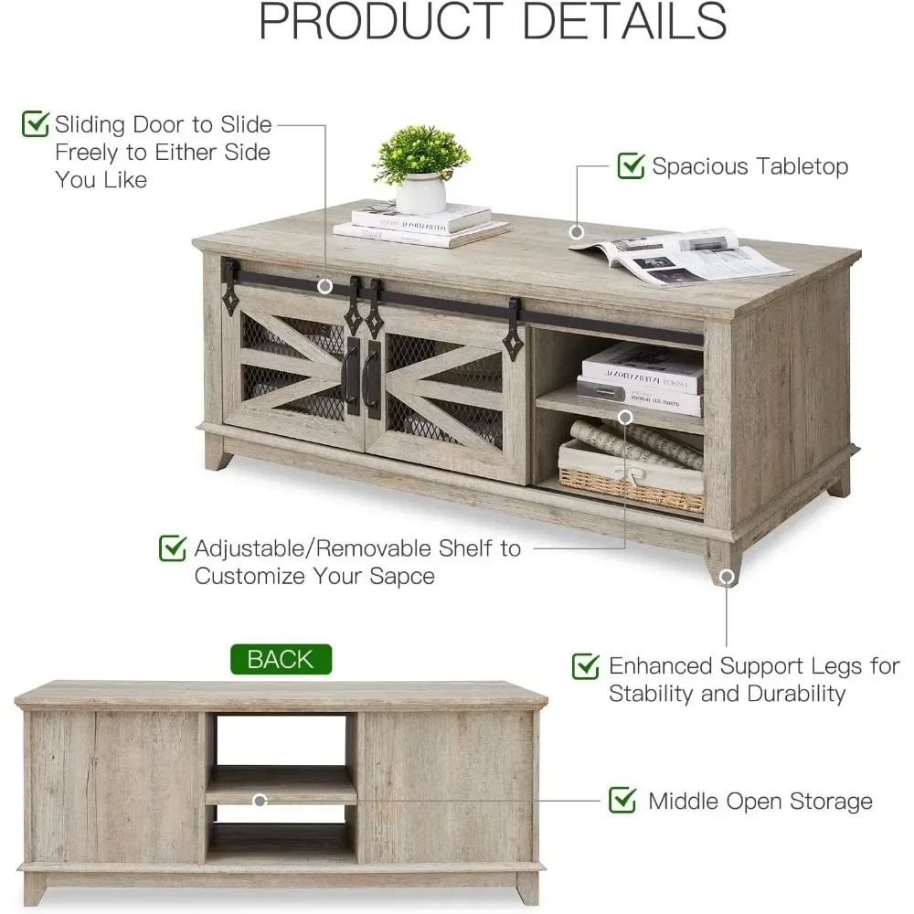 48'' Coffee Table with Storage & Sliding Barn Doors, Cocktail Table Adjustable Shelves, Table for Meeting Room, Light Rustic Oak 5