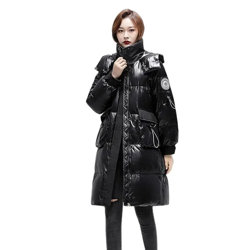 

Duck Duck Black Glossy Down Jacket Women's Fashion Loose Long Section 2023 New Winter Warm Disposable Bread Coat Women's Tide.