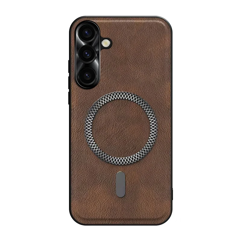 Luxurious Leather Magnetic Ring Phone Case with Metal Accents