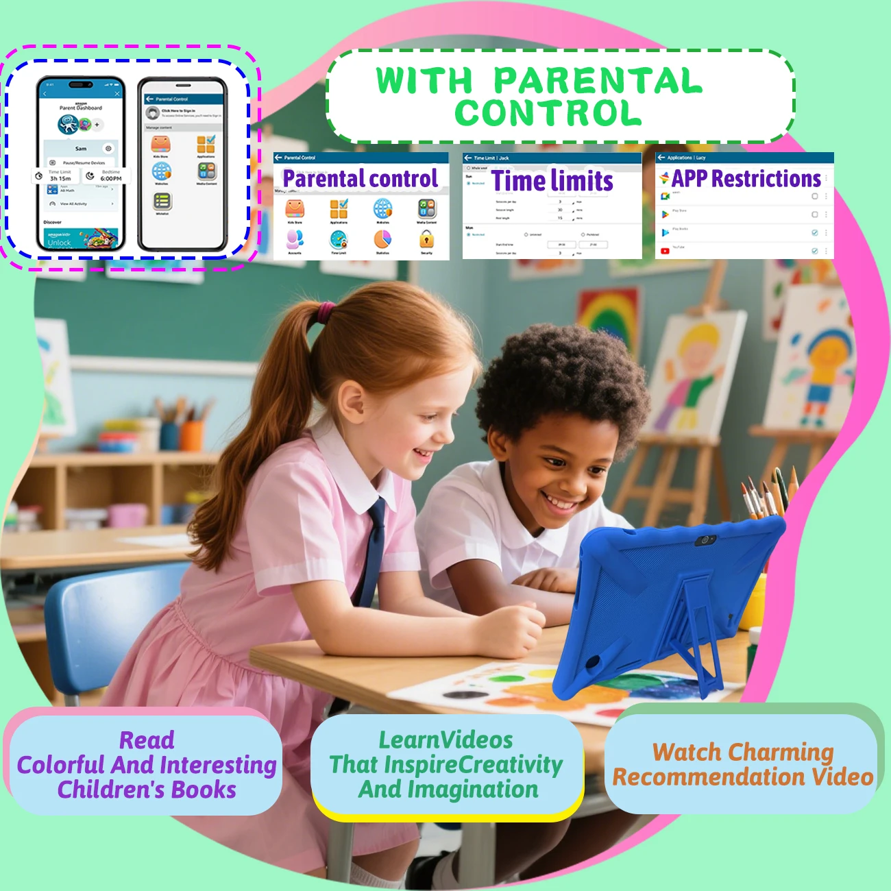 10.1인치 안드로이드 13 쿼드 코어 3GB 램 64GB 저장용량 와이파이 4000mAh 배터리 부모 관리 듀얼 카메라 어린이 선물용 PC 패드