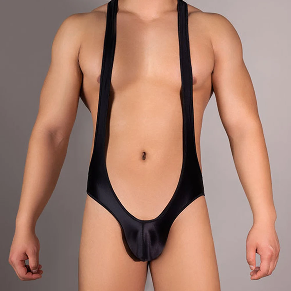 Mens Lingerie Bodysuit Leather Halter Straps Stretchy High Cut Sleeveless Backless Thong Erotic Shiny Jockstrap Swimsuit