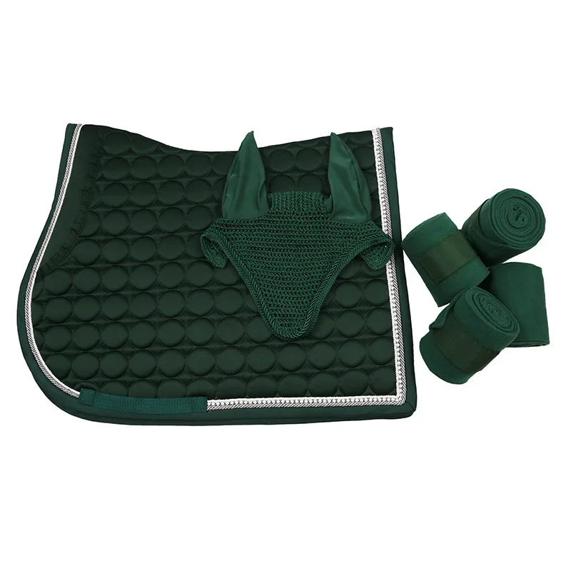 High Quality Horse Riding Products Matching Saddle Pads Set Hunter Green Equestrian Equine Saddle Clothes Ear Bonnet Polo Wraps