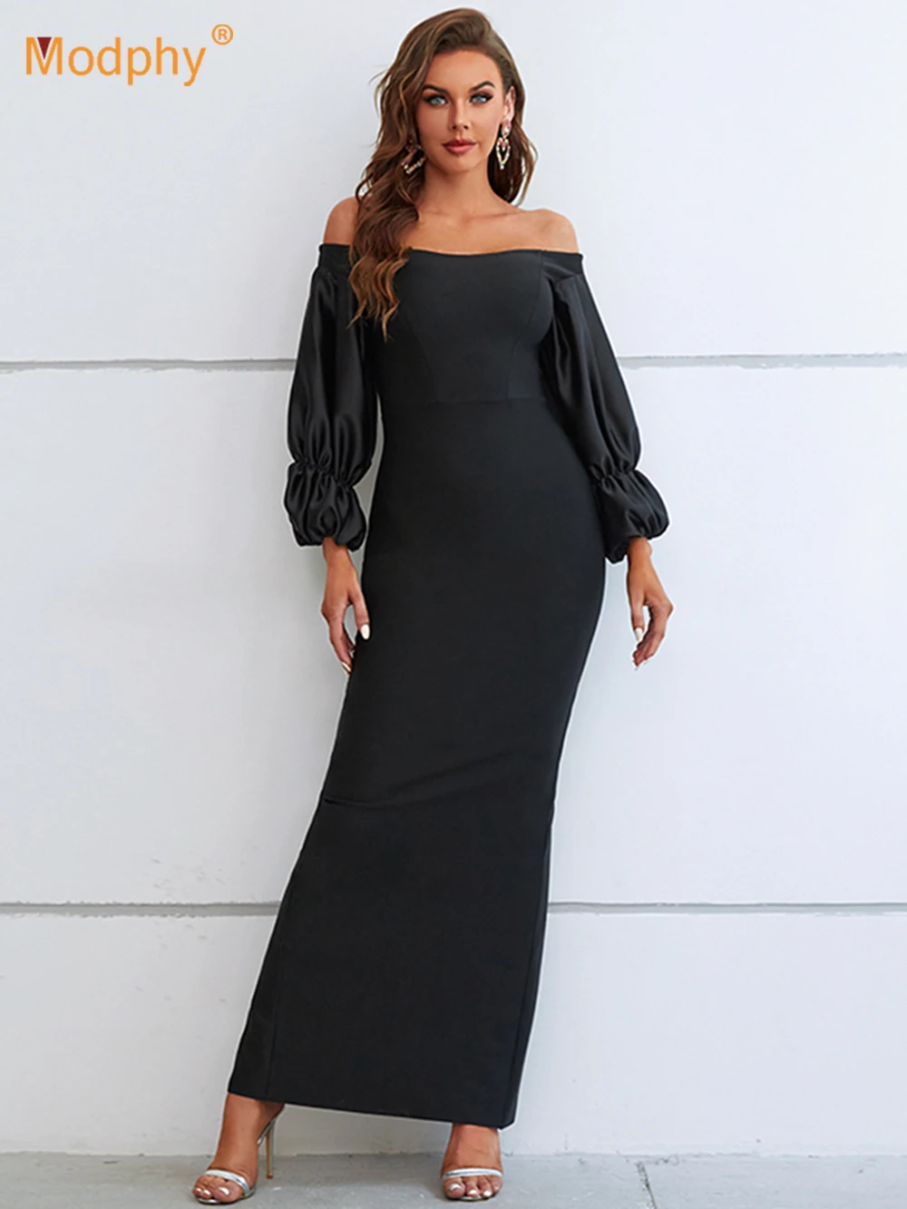 

Modphy Elegant Black Sexy Off-Shoulder Bandage Maxi Long Dress For Women Fashion Lantern Sleeve Lady Dress Female Vestidos