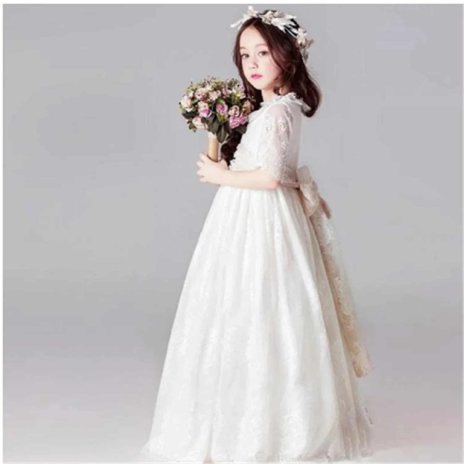 

Princess Dress White Lace Short Sleeve Summer 2023 Tulle Wedding Party Prom Teen Elegant Pageant Formal First Communion Dress