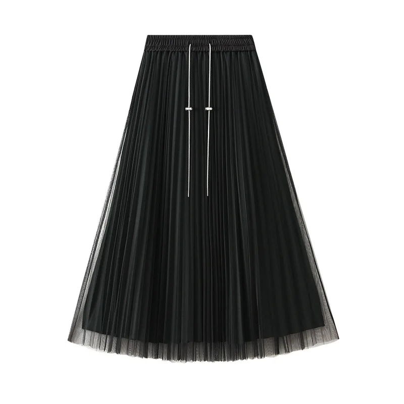 

Spring Autumn Winter 2023 New Long Black Tulle Skirt Female High Waist Drooping Chain Gauze Mesh A- line Pleated Skirt Women