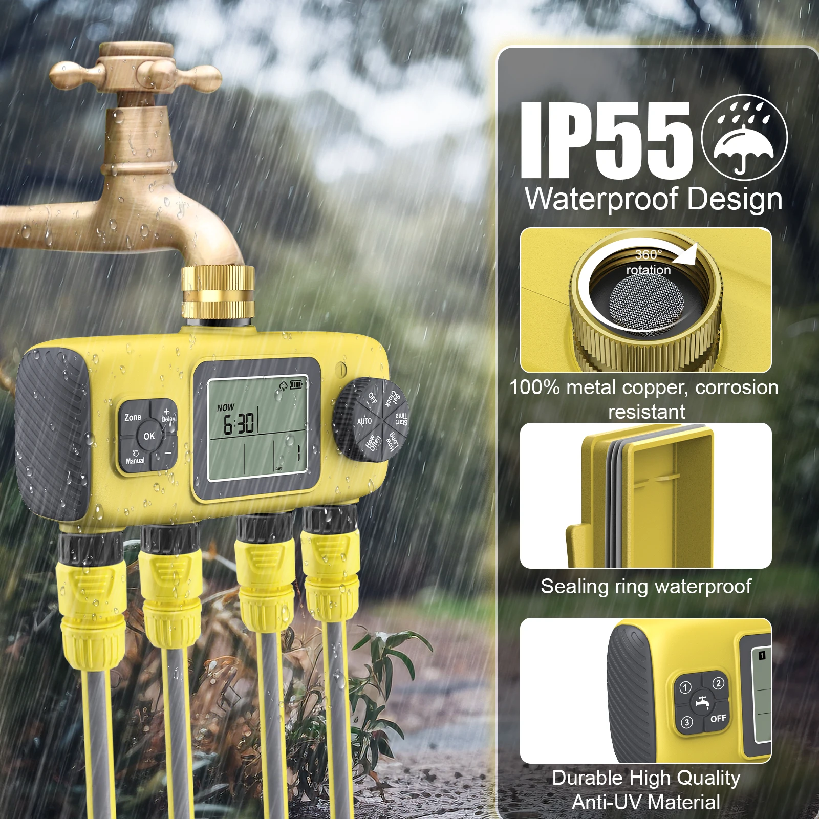 Water Timer for Garden Hose 4 Zone/3 Zone Rain Delay Irrigation Controller Progr