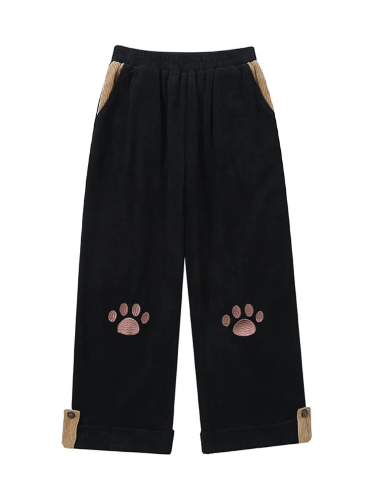 

Kawaii Girl Cat Paw Wide Leg Pants Sweet Japanese Girl Preppy Style Corduroy High Waist Lolita Cute Embroidery Pants Lolita Y2k