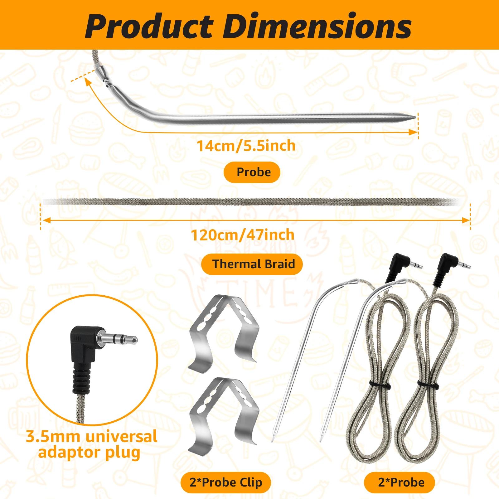 Replacement Meat Probe with Probe Clips Stainless Steel Plug Temperature Precise Meat BBQ Tool 2Pcs