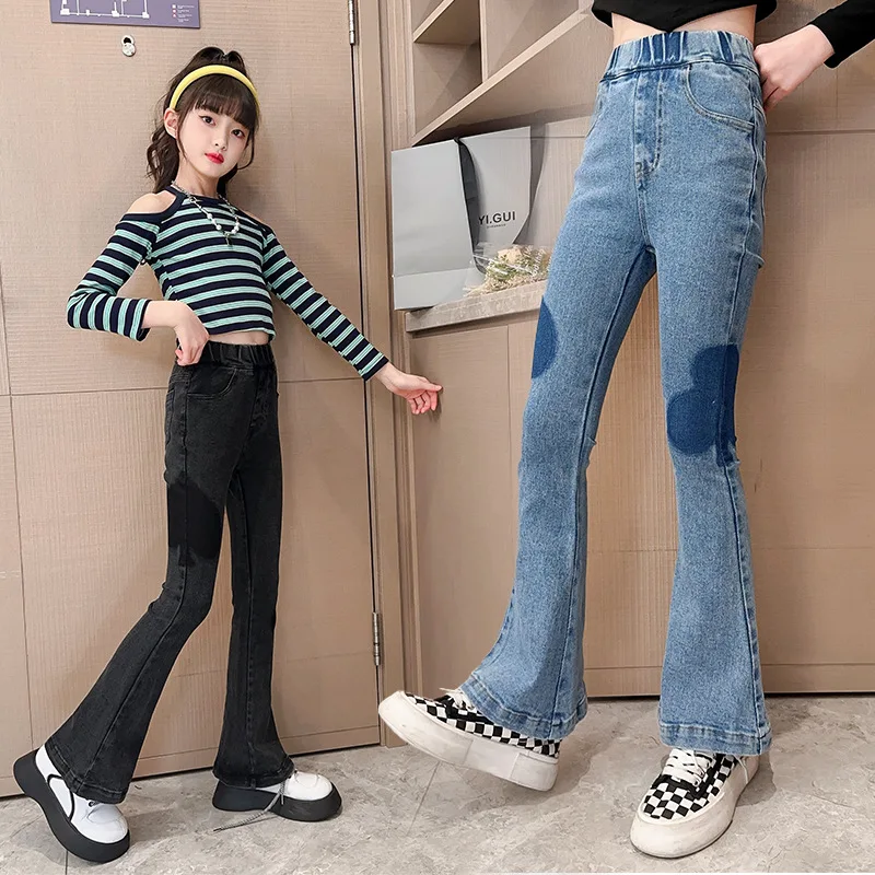 

Casual Jeans For Girl Teenage Clothes Elastic Waist Spring Autumn Bell-Bottom Slim Fit Wide Leg Pants Kids Denim Trousers 4-15Y