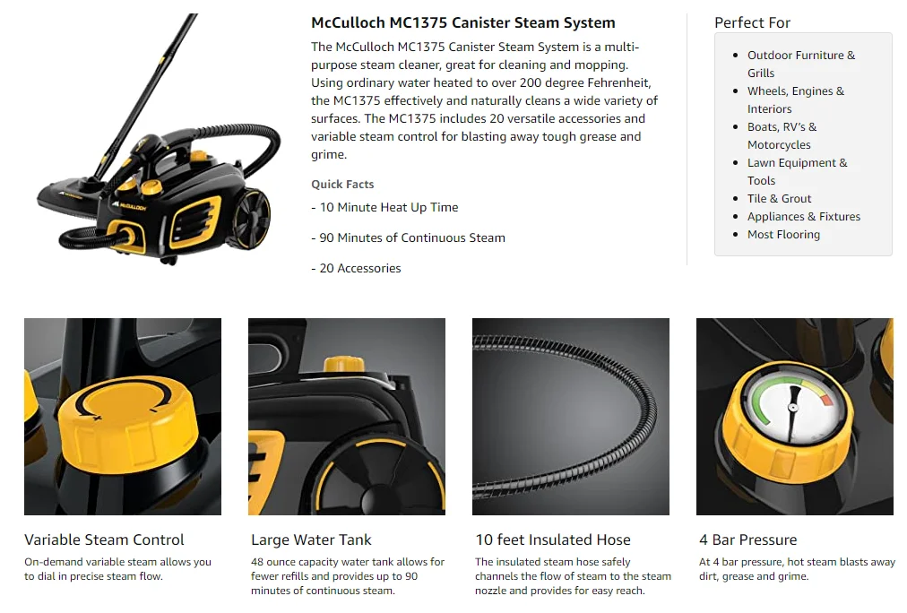 mcculloch mc1375 steam cleaner