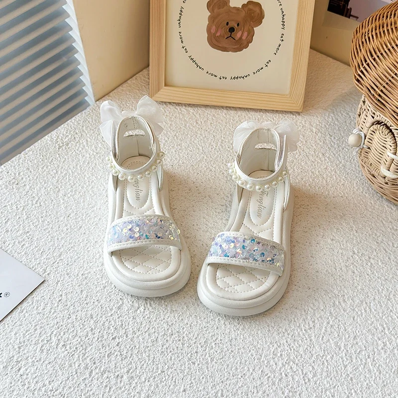 Kids Pearl Sequin High Top Sandals for Wedding Party