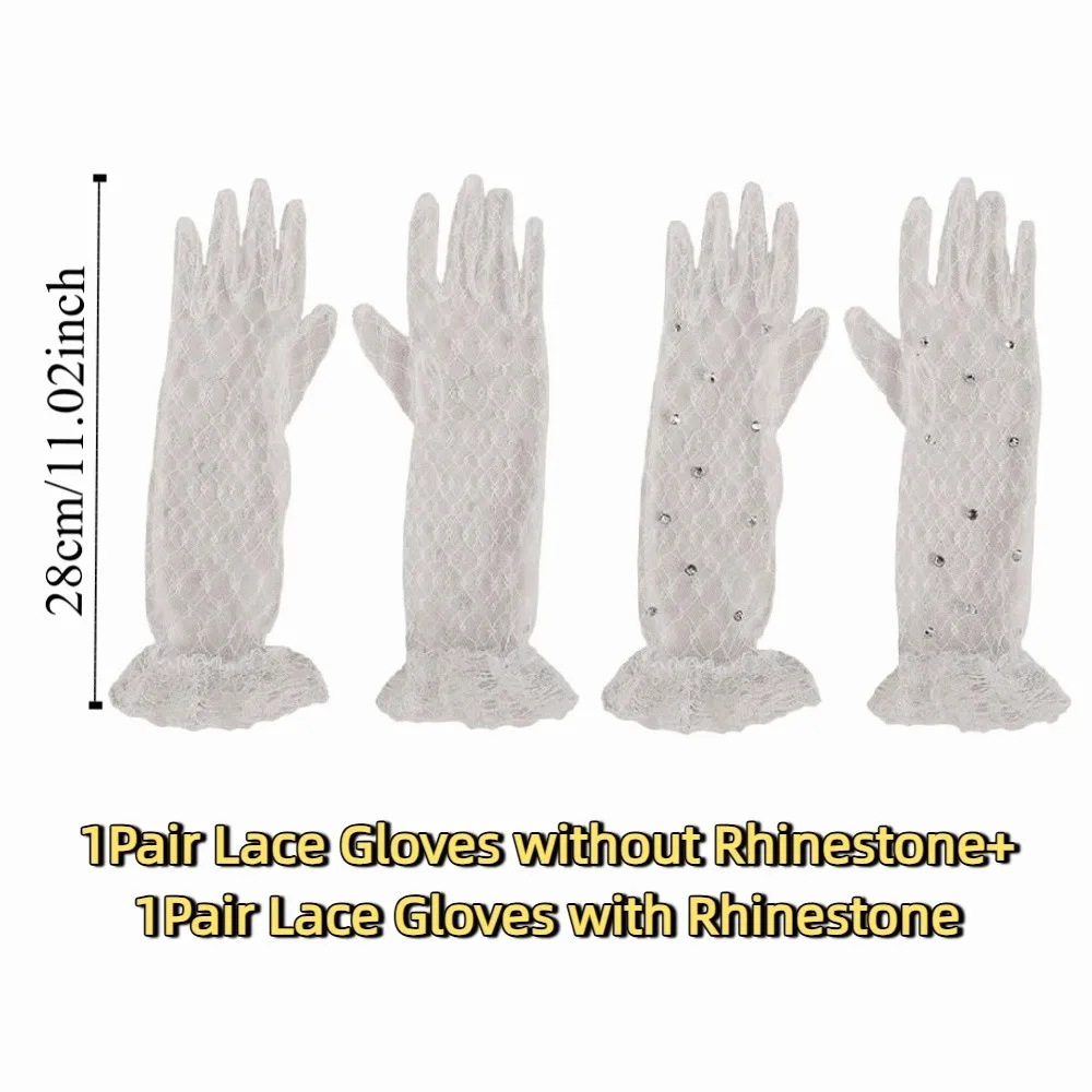 2Pairs White Children's Lace Gloves Five Fingers Elegant Princess Gloves Mesh Breathable Flower Girls Mittens Performance Photo