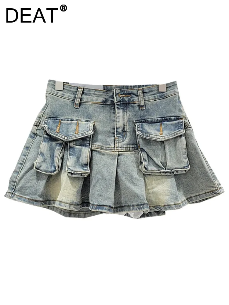 

DEAT Women's Denim Skirts Patchwork Asymmetric Pockets Pleated A-line Short Cargo Miniskirt 2024 Summer New Fashion 29L6949