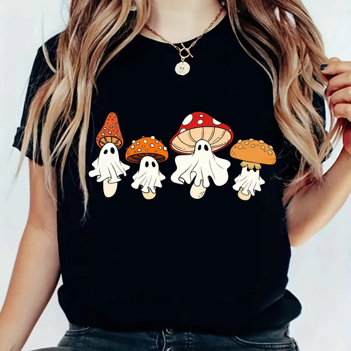 

Модная Милая Веселая женская рубашка с принтом грибов на Хэллоуин, повседневная хлопковая футболка с коротким рукавом, женская футболка с рисунком.