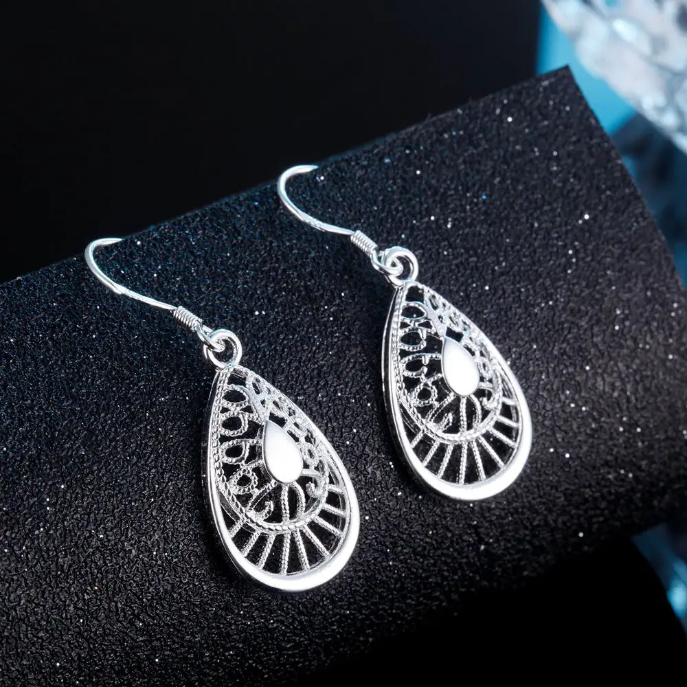 

Hot Selling 925 sterling Silver vintage earrings top quality Fashion Jewelry lady Christmas Gift Carved water drops earring