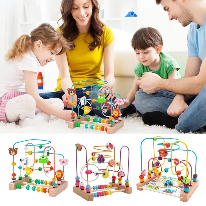 Bead Maze Toy Cute Cartoon Wooden Montessori Maze Circles Around Beads Abacus Math Toys Shape Color Cognition Kids Wooden Toys cartoon cross stitch bead embroidery