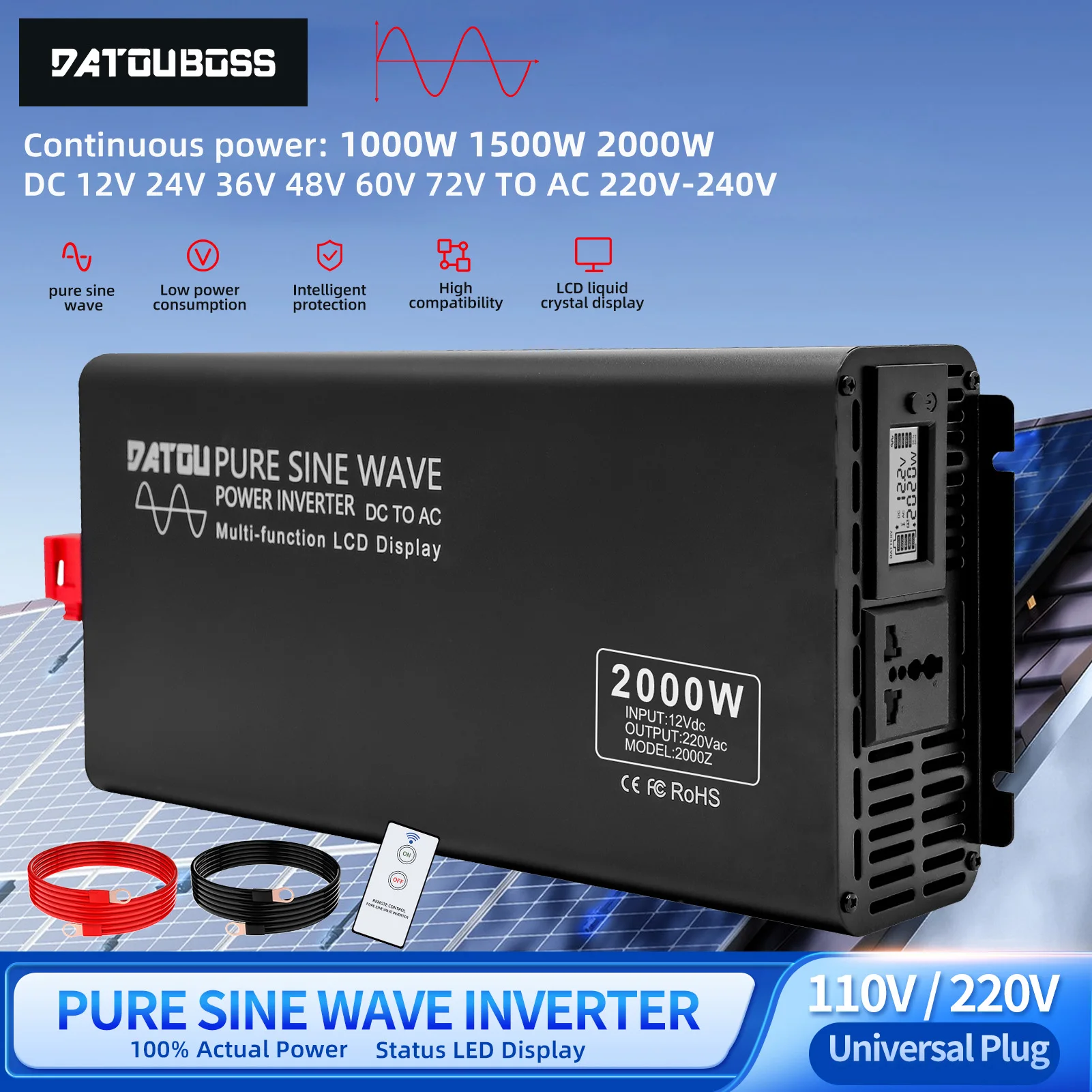 

DATOUBOSS Pure Sine Wave Inverter Universal Plug 4000W DC 12V 24V 36V 48V 60V 72V to AC 110V/220V Power Inverter Power 2000W
