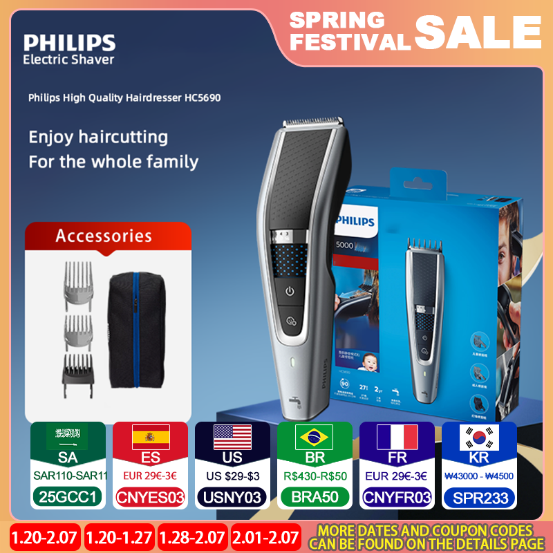 Philips Hairclipper Series 5000 HC5690 Electric Hair Cutter Head Washable Household Electric Hair Clippers 27 Length Settings