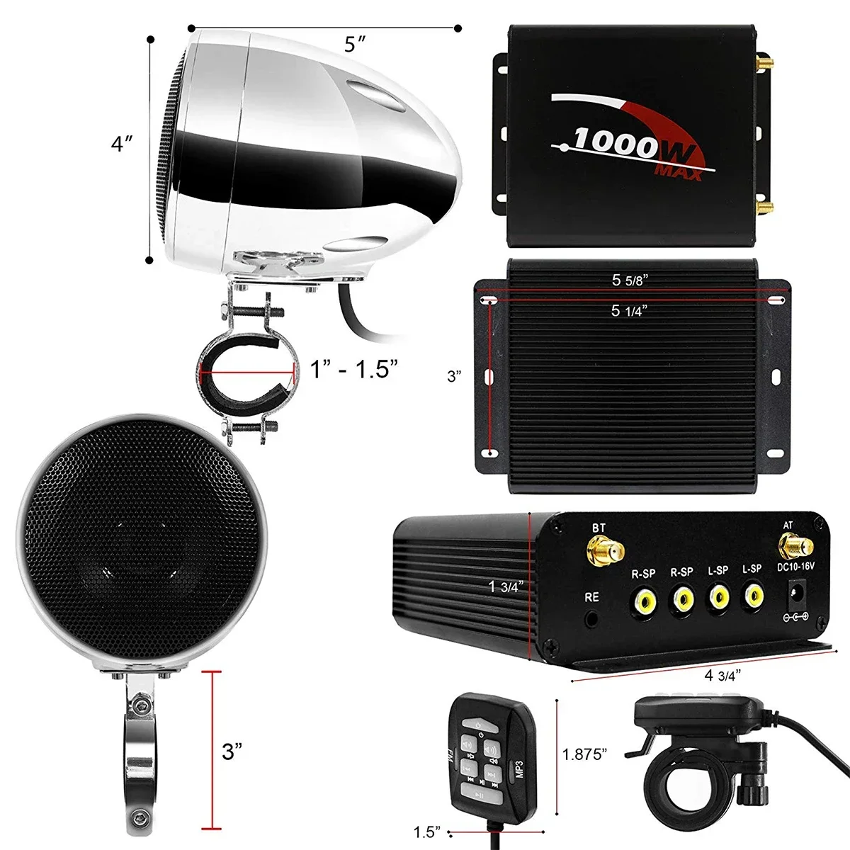 1000W Amplifier 4 Speakers Motorcycle ATV UTV Boat Bluetooth Stereo System