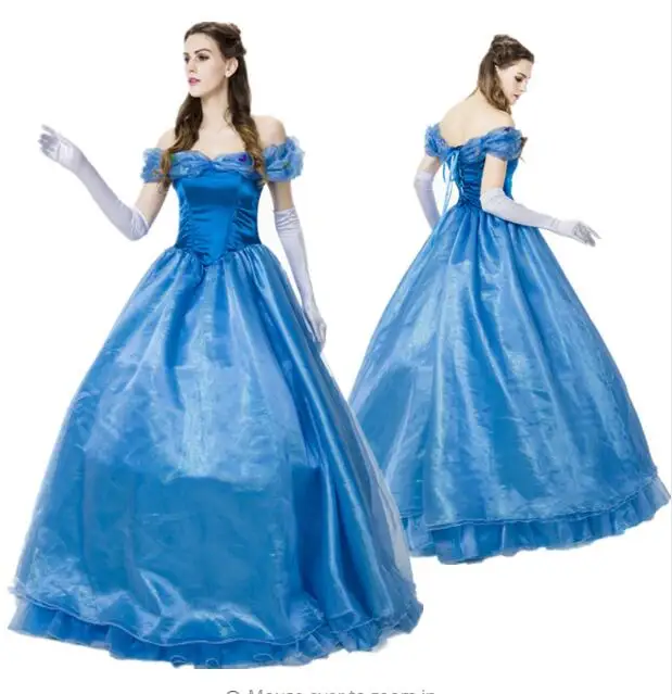 

Deluxe Adult Cinderella Princess Costumes Halloween Fairy Tale Fancy Dress Ball Gown Blue Princess Dress