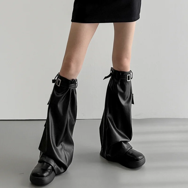 SUCHCUTE y2k Gothic Eyelet Strap Women Trouser Legs Leather PU Vintage Dark Academic Bandage Leg Socks Black Boot Cuffs Leg Punk
