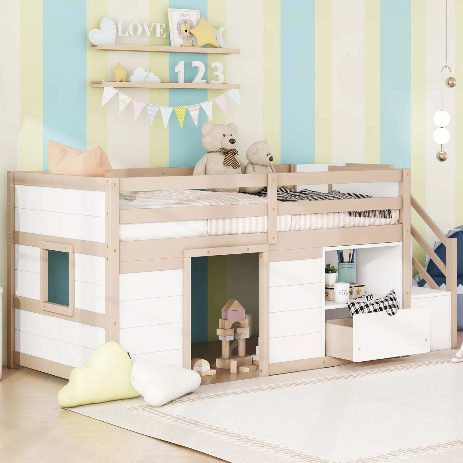 SOLID WOOD TWIN SIZE LOW LOFT BED WITH STAIR, DRAWER, AND SHELF FOR CREAM + WHITE COLOR 3
