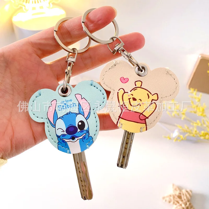 Disney Stitch Key Cover Protettiva Mickey Minnie Anime Figure Mini Holder Pu Leather Guaina Access Card Protect Clip Accessorio