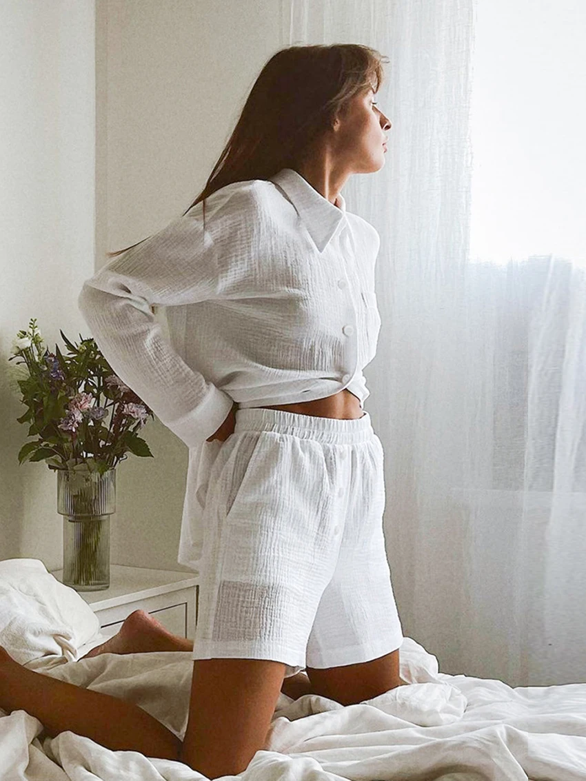 Marthaqiqi Cotton Women Sleepwear 2 Piece Suit Long Sleeve Pajamas Turn-Down Collar Nightgowns Shorts Casual Ladies Home Clothes