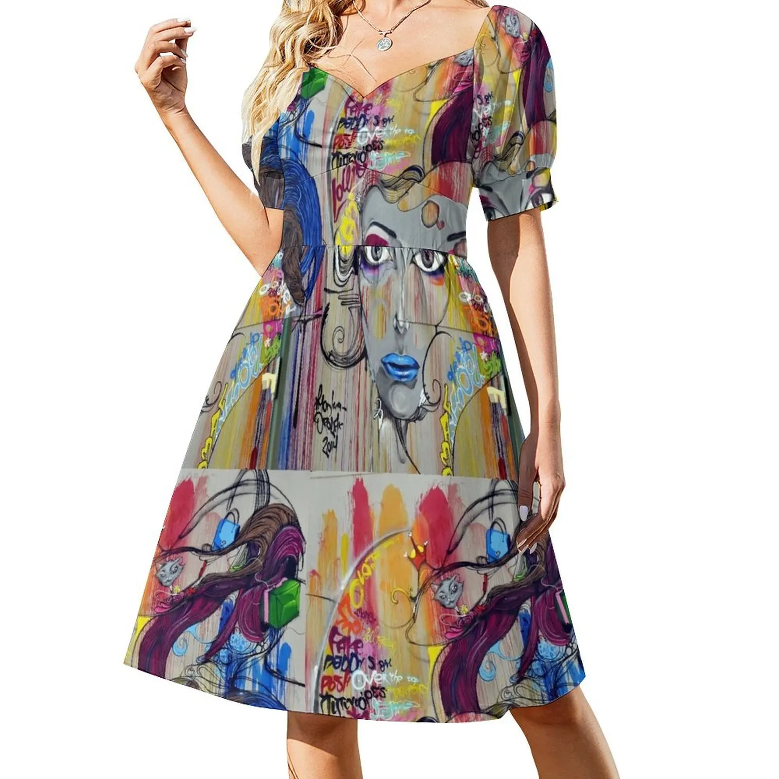 Vestido playero de manga corta con estampado de graffitis y arte callejero para mujer.