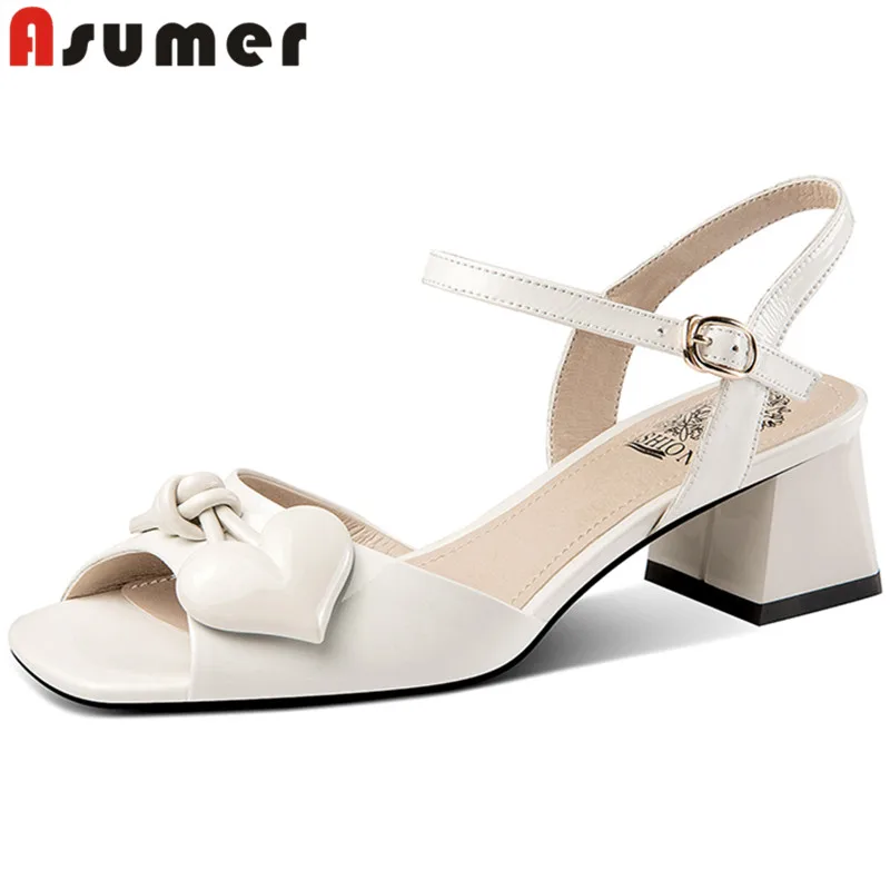 

ASUMER 2022 New Heart Shaped Square Med Heels Sandals Patent Leather Women Sandals Solid Buckle Ladies Dress Shoes