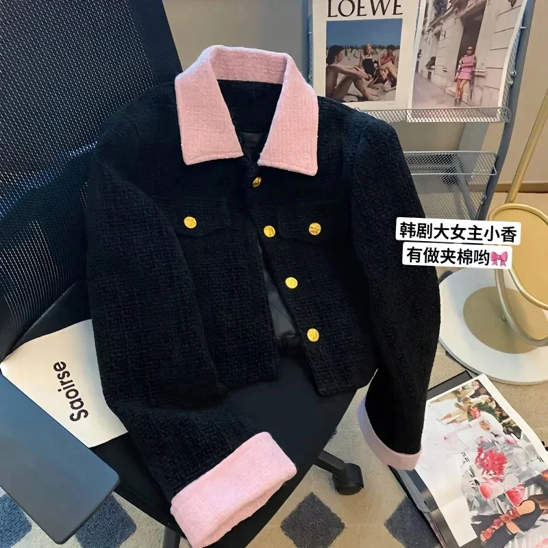 

Vintage Black Blazer Women Cropped Patchwork Tweed Jacket Korean Elegant Quilted Short Coat Thick Casual Chic Outwear Tops New