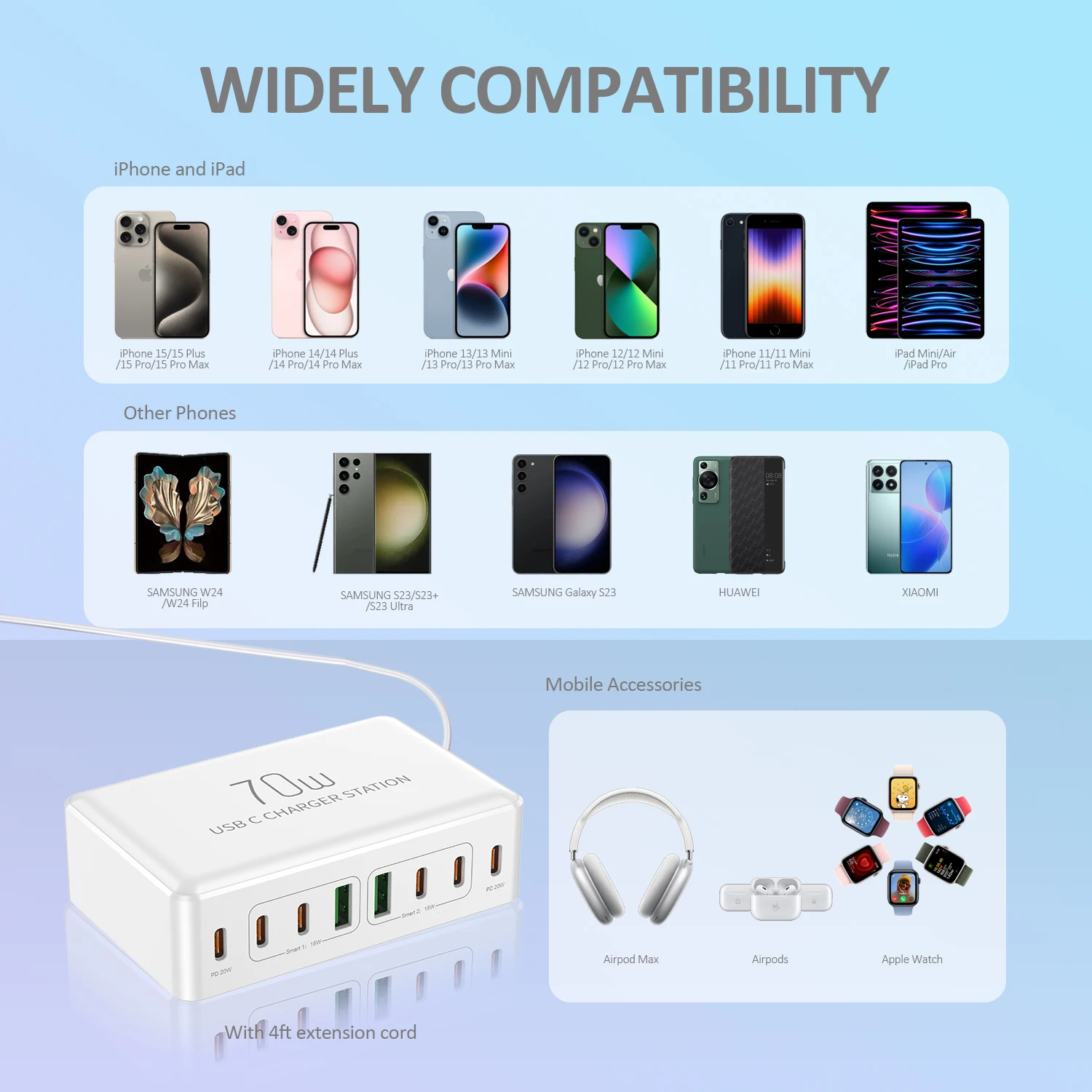USB 케이블이 있는 멀티 USB 충전기, 휴대폰 다중 USB 충전기, 70W, 8 포트