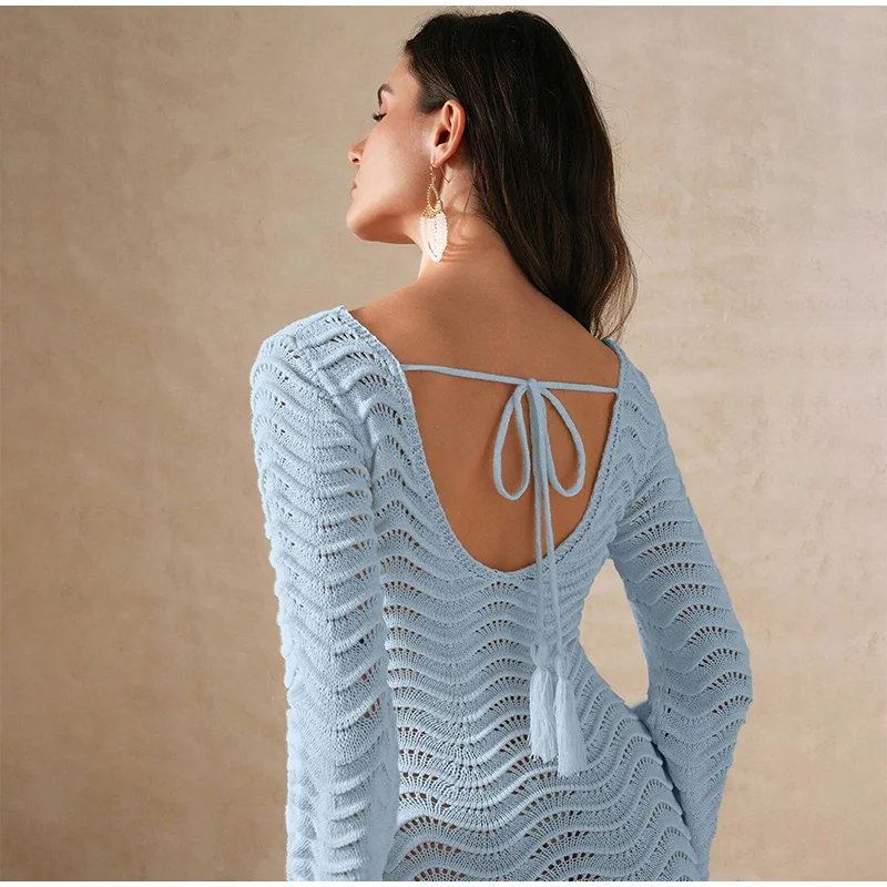 Beach Knit Hollow Out Maxi Dress Women Solid Flare Sleeve Lace-Up See-Through Holiday Dresses Female 2025 Summer Lady Slim Robes