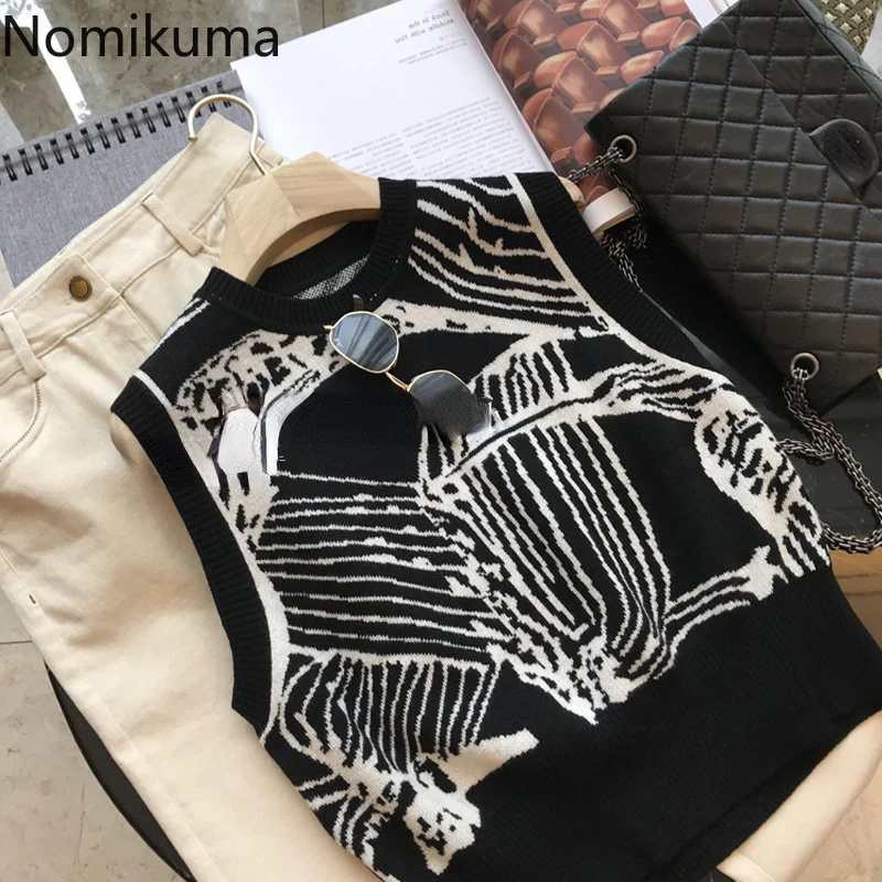 

Вязаные жаккардовые жилеты Nomikuma, винтажные модные повседневные жилеты контрастных цветов, сезон осень-зима