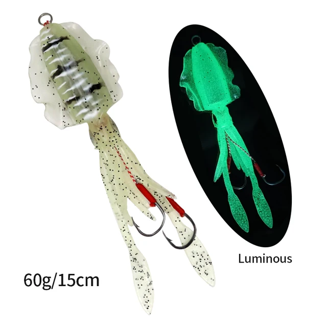 ORJD Trolling Lure Soft Squid Lure 7g 15g 20g 60g Luminous UV Squid Jig For Sea Fishing Boat Fishing Wobbler Bait For Snapper 60G 15CM WITH HOOK