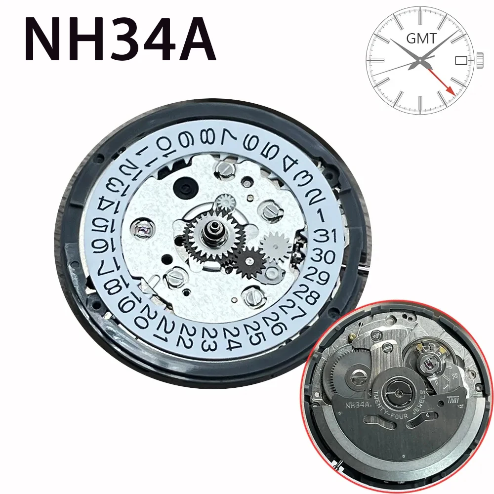 

New NH34 Automatic Mechanical Movement GMT 24 Hours Hands Japan Original Parts NH34A Date at 3.0 High Accuracy Mechanism MOD