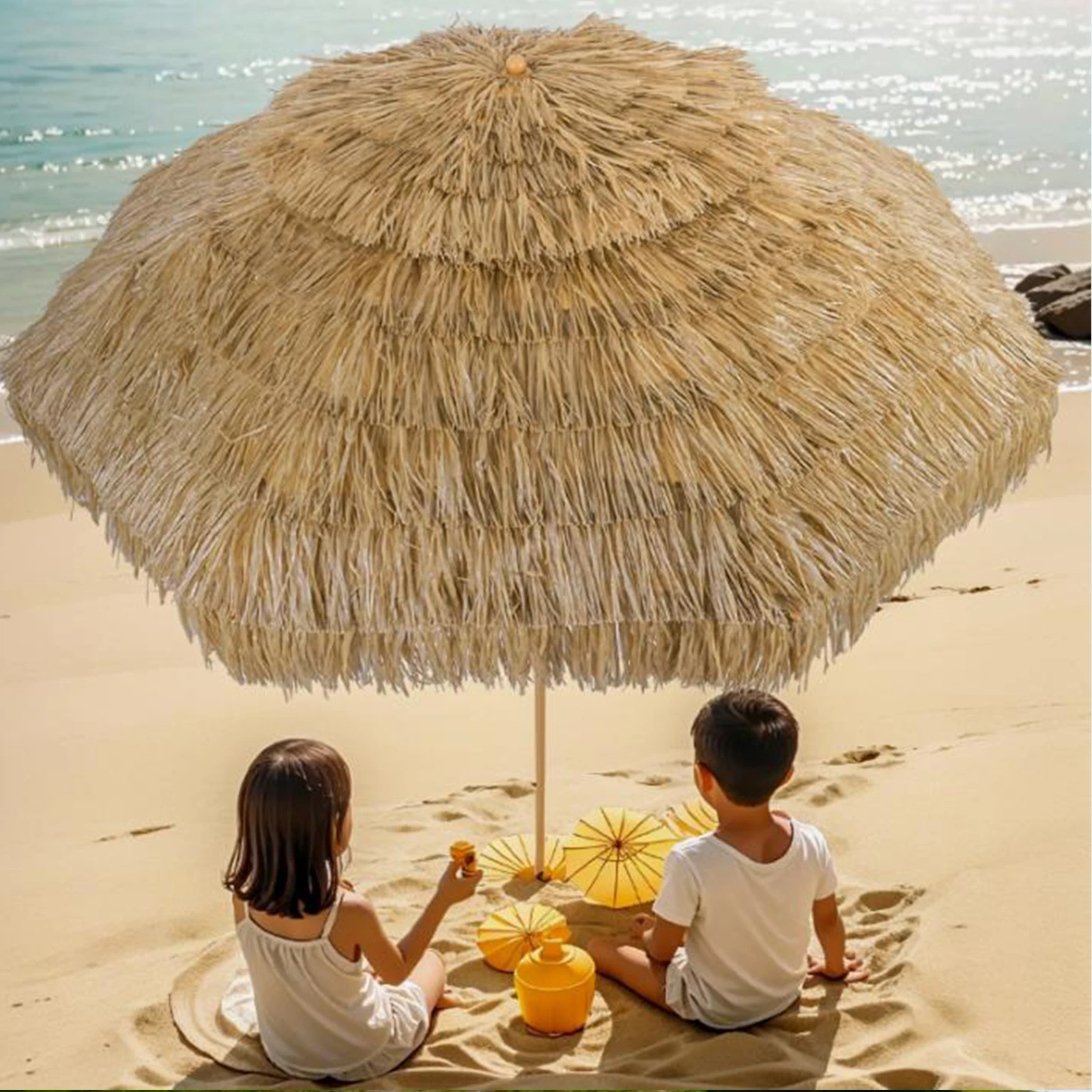 9ft Outdoor Thatched Tiki Umbrella with 8 Ribs Uv Protection Thatched Beach Umbrella for Garden Courtyard Lawn