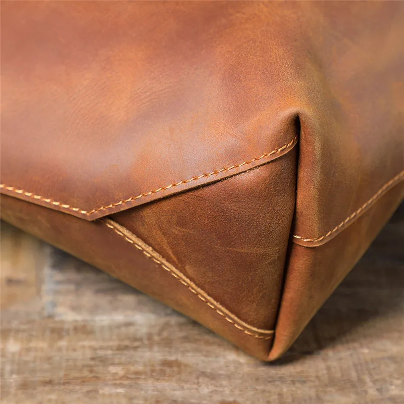 Simple vintage crazy horse cowhide ladies tote bag casual natural genuine leather handbag women's work laptop shoulder bag