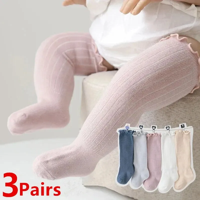 Girls Socks 3Pairs/Lot Baby Girls Lace Frilly Solid Cotton Long Knee High Kids Sock Infant Newborn Spring Children Ruffle Cute